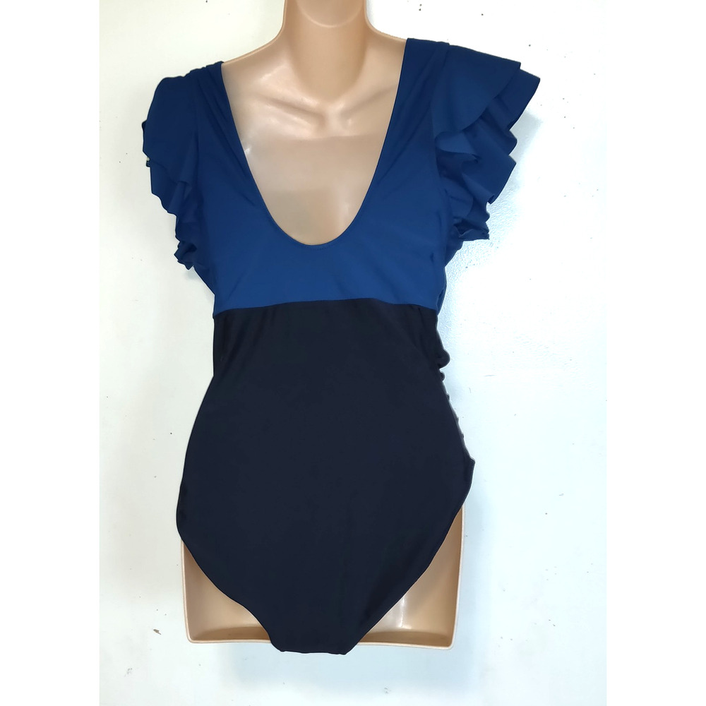 Bloomin Jelly Swimsuit LARGE Tiered Flutter Sleeves Ruching Turquoise Black NWT - Picture 5 of 16